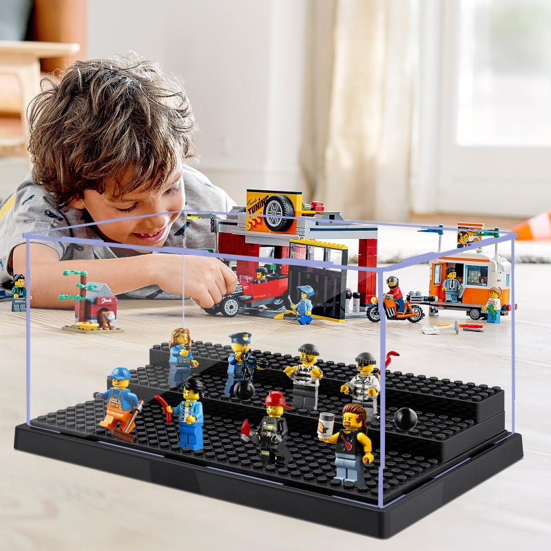 Pokiiulk 2 Pack Display Case for Minifigure Action Figures Blocks  Acrylic Minifigure Display Case Box Storage with 3 Movable Steps Gift for Kids Adults (Black) - Image 5